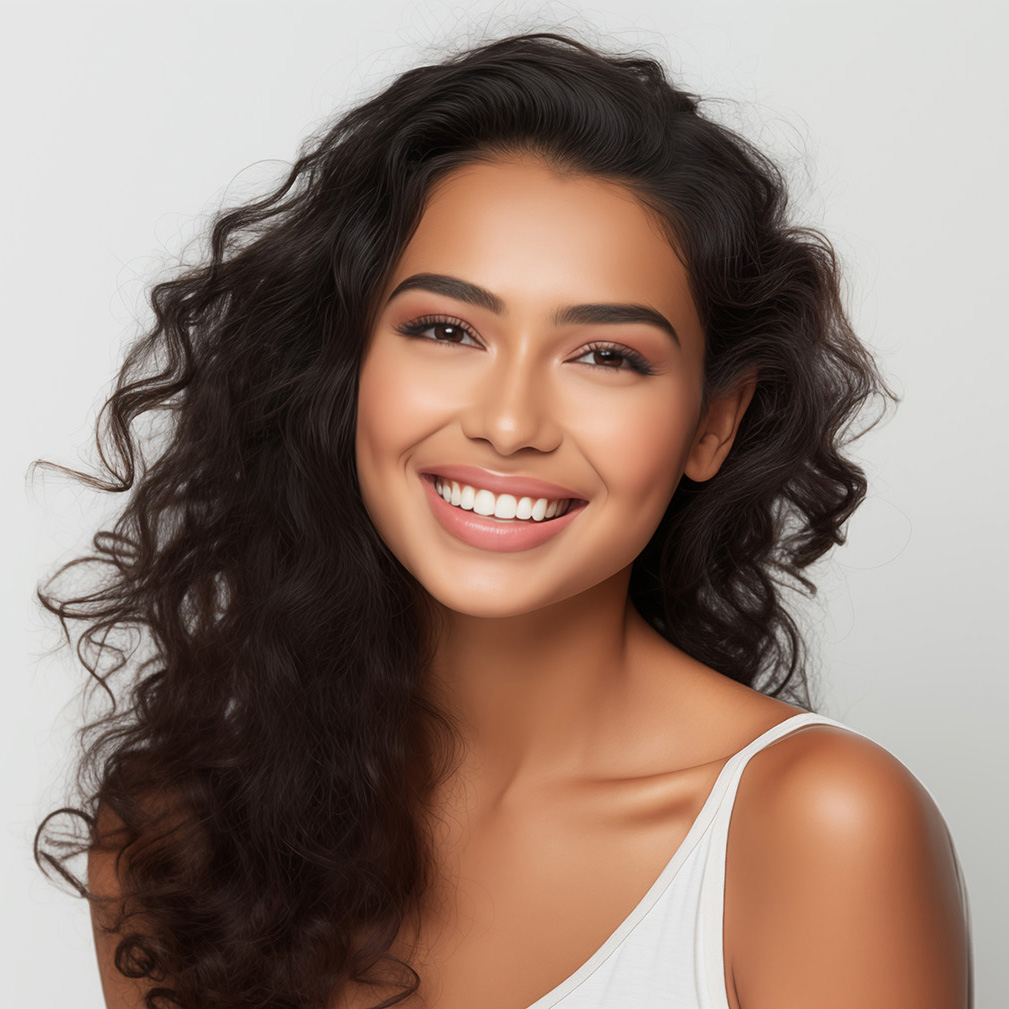 The image features a woman with long hair smiling at the camera.