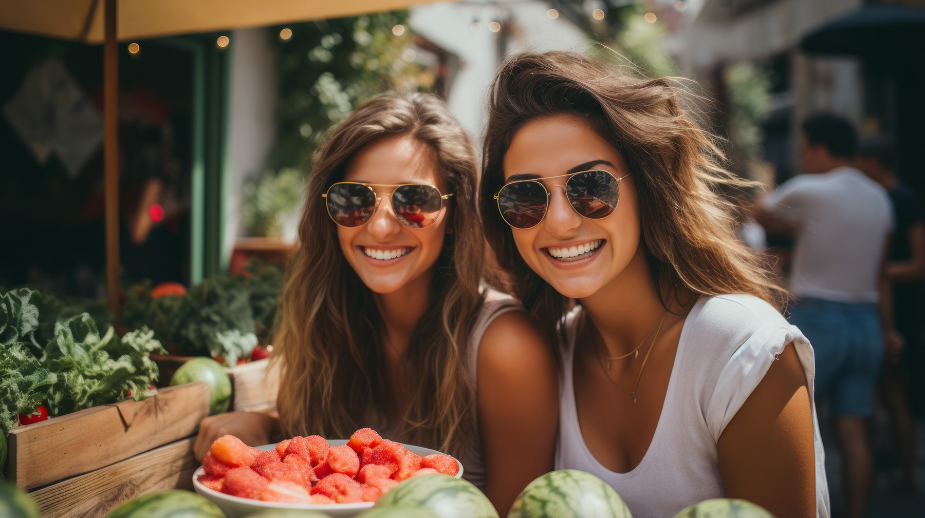 Two women posing with fresh produce at an outdoor market.