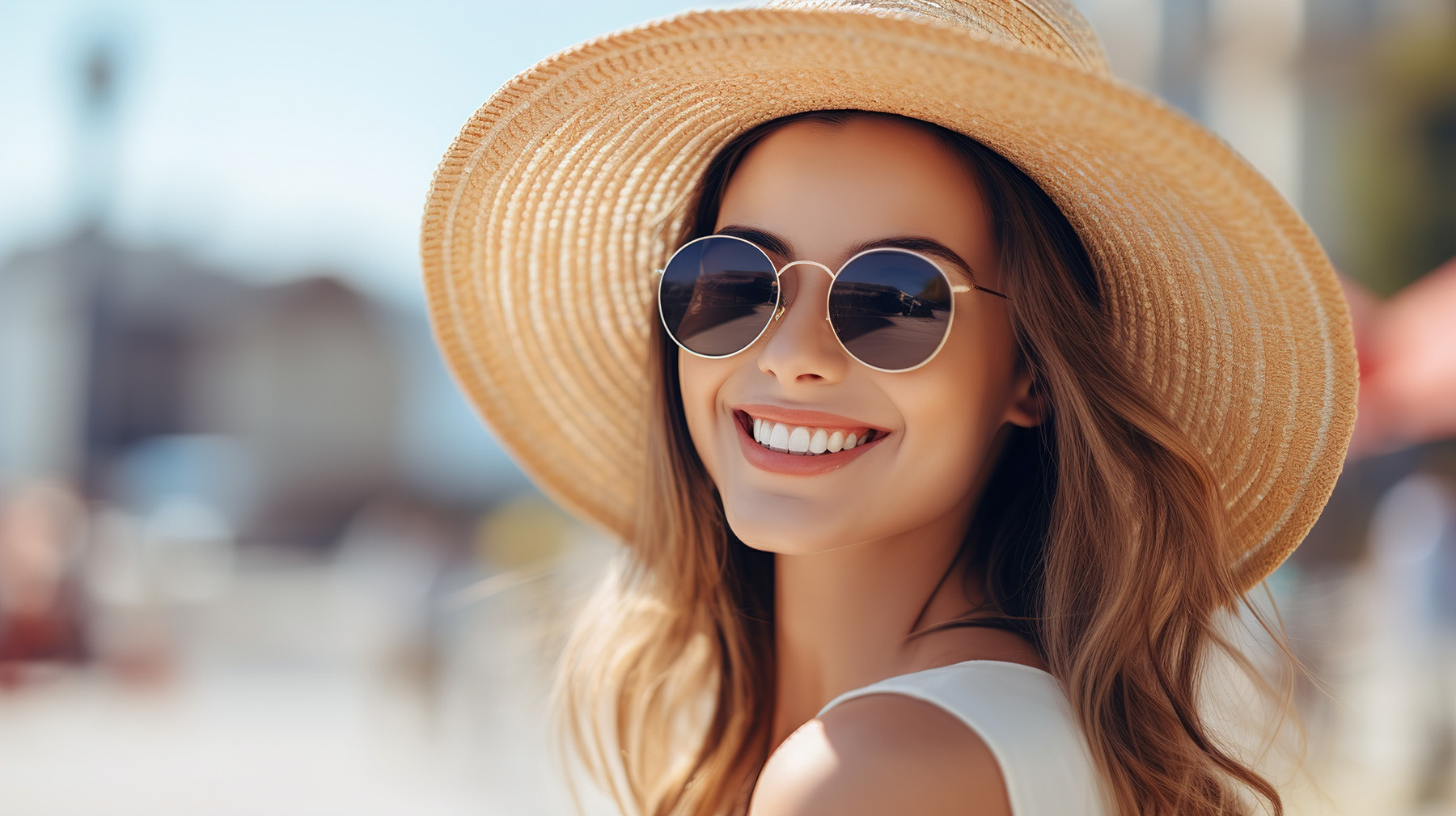 A woman wearing sunglasses and a straw hat, smiling at the camera.