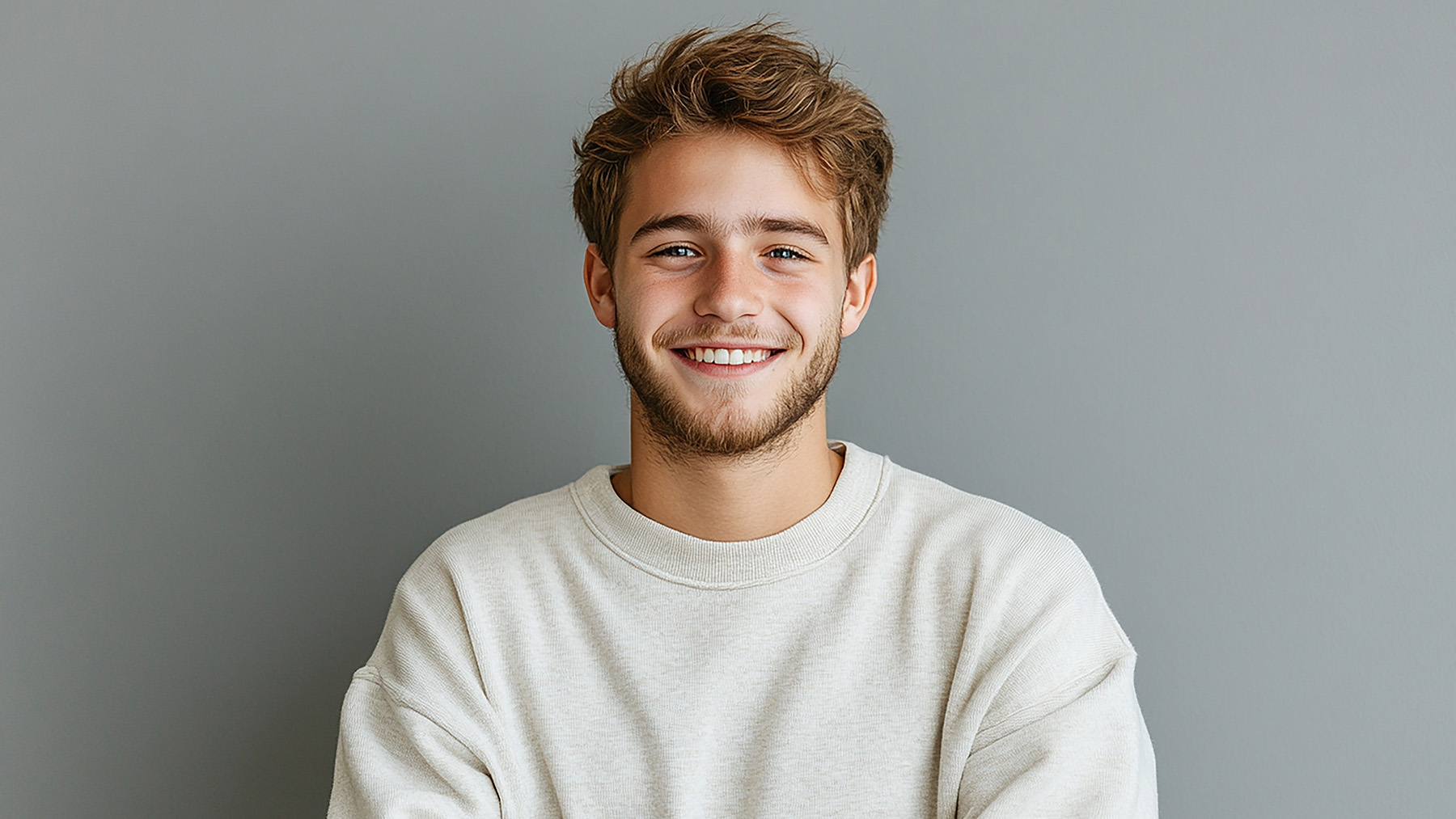 The image features a young man with short hair and a beard, smiling broadly at the camera, wearing a light-colored sweater, posing against a plain background.