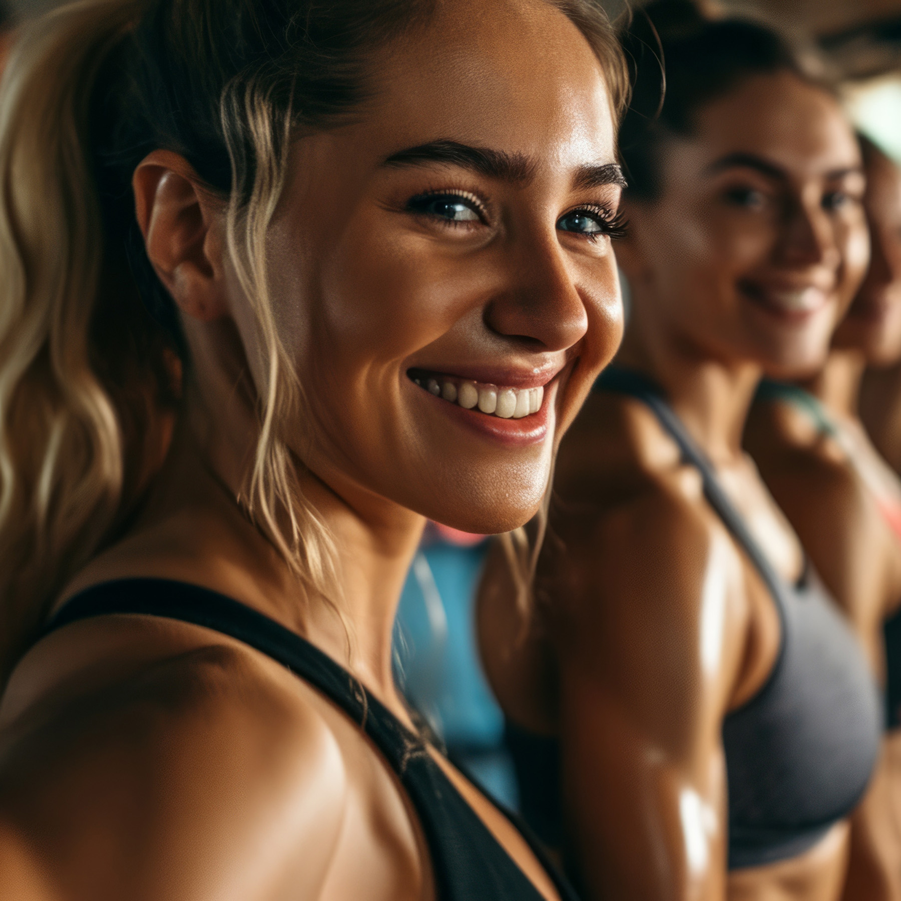 A woman with blonde hair wearing a black sports bra and smiling at the camera.