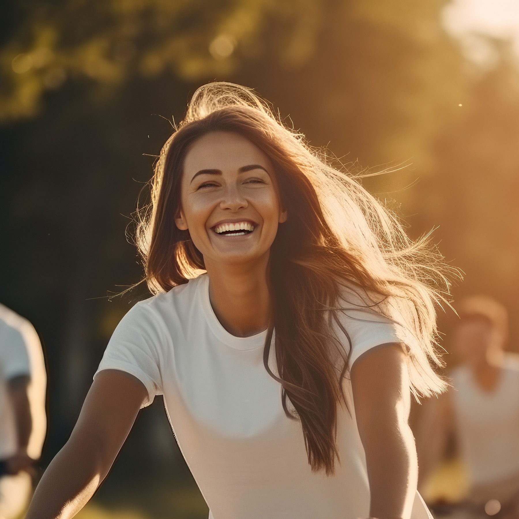 The image shows a smiling woman riding a bicycle with a group of people in the background.