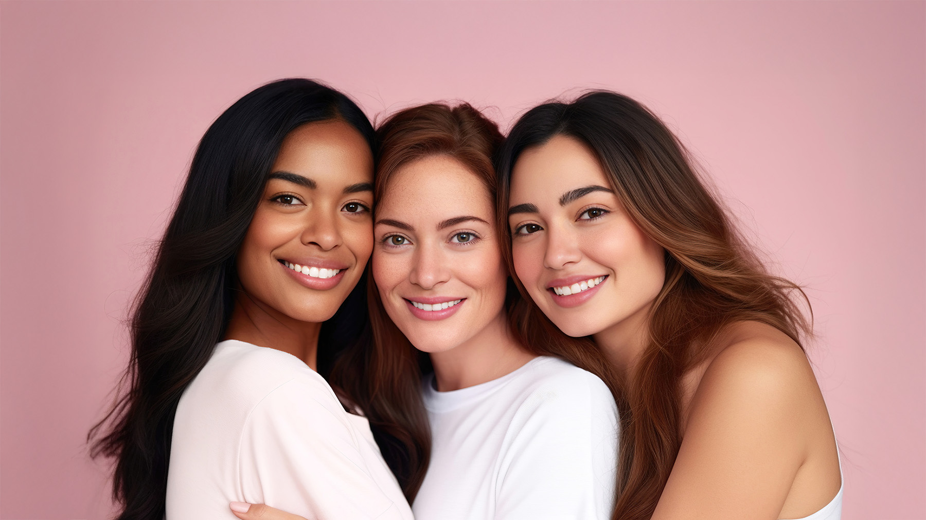 The image shows three women posing together, smiling at the camera. They are standing close to each other, with two on the left and one on the right. Each woman has a different hairstyle, and they appear to be wearing makeup. The background is plain and light-colored, focusing attention on the subjects.