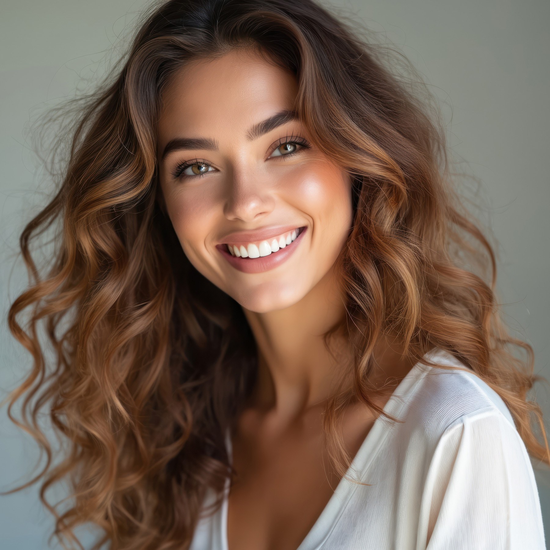 A woman with long hair smiling at the camera.