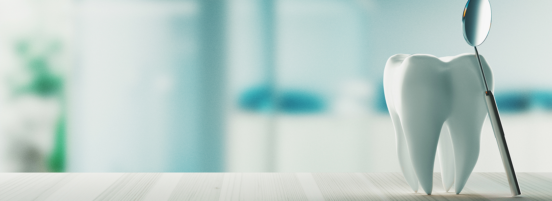 The image features a white toothbrush with bristles on the left side of a blurred background, which appears to be a modern dental office with a blue and white color scheme.